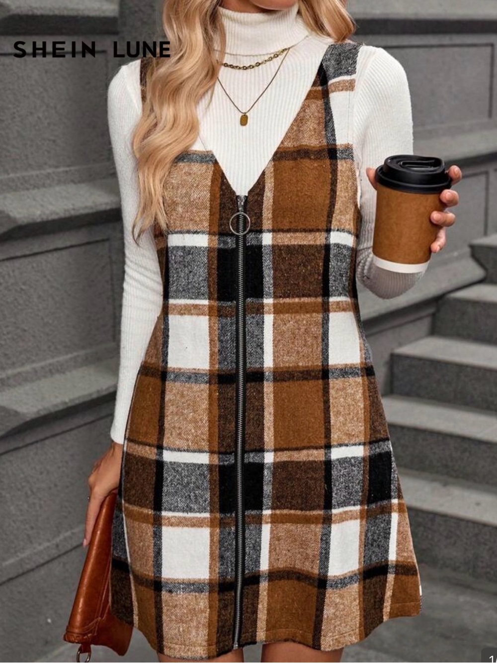 Brown Plaid Zip-Front Sleeveless Dress